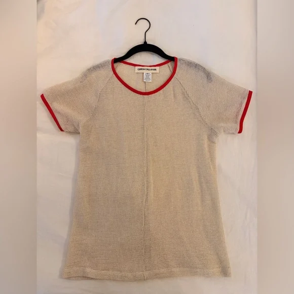 Caron Callahan Saddie Cream Mesh Top with Red Accents Size Small - Picture 2 of 7